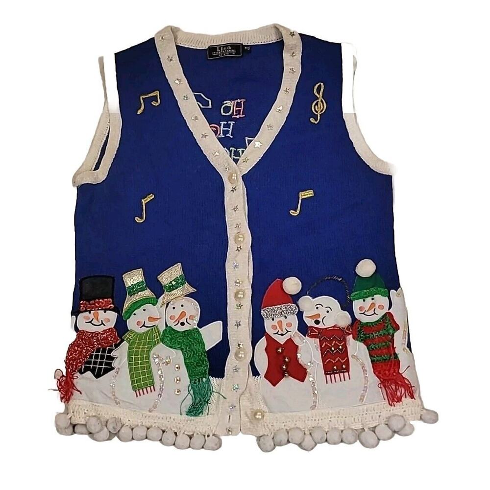 Lisa international Christmas Snowman Vest Christmas Pom Pom Petite Small